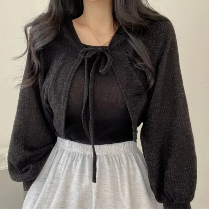 White Knitted Cardigan Women Summer Thin Sunscreen Lace-Up Knitwear Tops Female Korean Style Lantern Sleeve Short Coat - Image 4