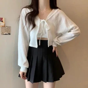White Knitted Cardigan Women Summer Thin Sunscreen Lace-Up Knitwear Tops Female Korean Style Lantern Sleeve Short Coat