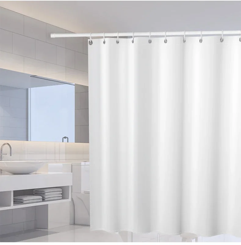 White Shower Curtains Solid Color Bathroom Curtain Polyester Fabric Washable Waterproof Partition Bath Curtain With Hooks - Image 2