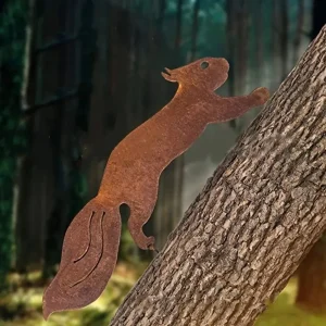 WildWhimsy Creative Tree Insert - Rusty Metal Squirrel Silhouette Stakes, Artistic Branch Decor for Home Garden Iron Art Accents