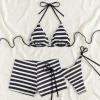 Women 2 Piece Swimwear Striped Bikini Set Summer Holiday Bra Briefs With Shorts Bathing Suit Lady 3-Piece Swimsuit Bathing Suit