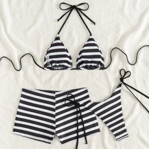 Women 2 Piece Swimwear Striped Bikini Set Summer Holiday Bra Briefs With Shorts Bathing Suit Lady 3-Piece Swimsuit Bathing Suit