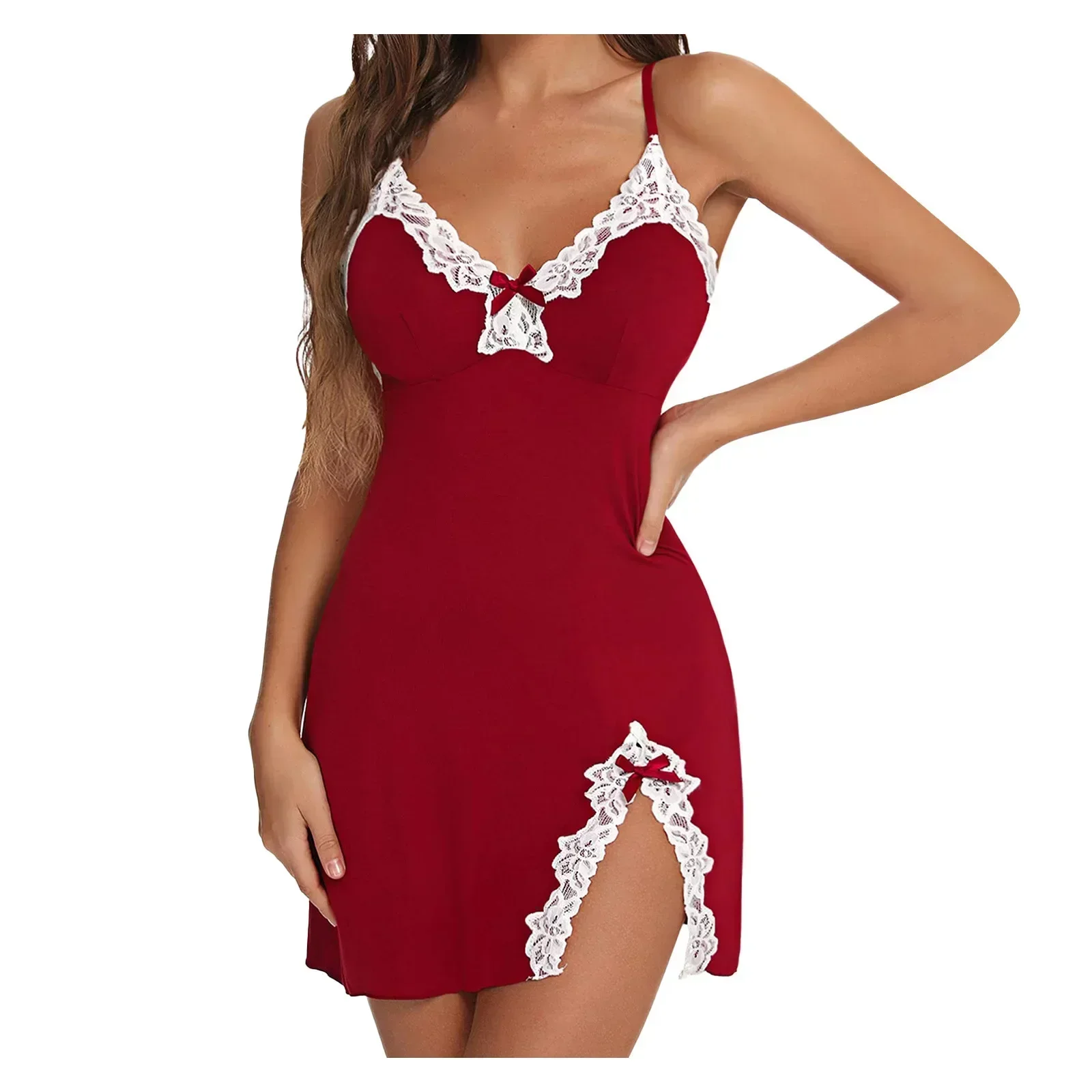 Women Lace Sleepwear Silk Satin Sleeveless V-neck Nighties Sexy Lingerie Dress Nightgown Nightdress Nightwear Sleepshirts - Image 3