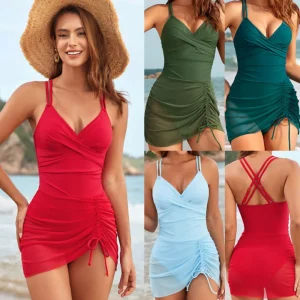 Women One Piece Swim Dress Tummy Control Swimsuits Slimming Mesh Sheer Sarong Wraps Bathing Suit Swimdress