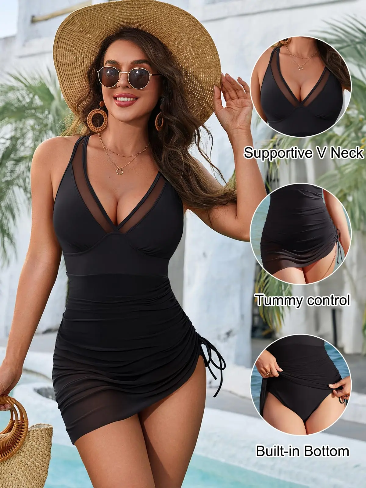 Women One Piece Swim Dress V Neck Tummy Control Swimsuits Slimming Mesh Sheer Sarong Ruched Wraps Bathing Suit - Image 2