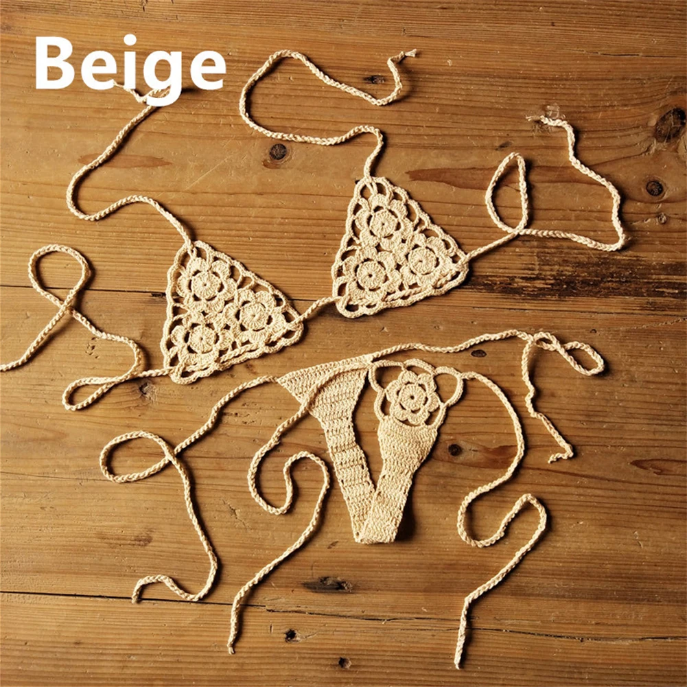Women Sexy Handmade Bikini Lingerie Set Crochet Flower Solid Color Lace Thong G-String Sunbathing Woman Swimsuits Beach Swimwear - Image 2