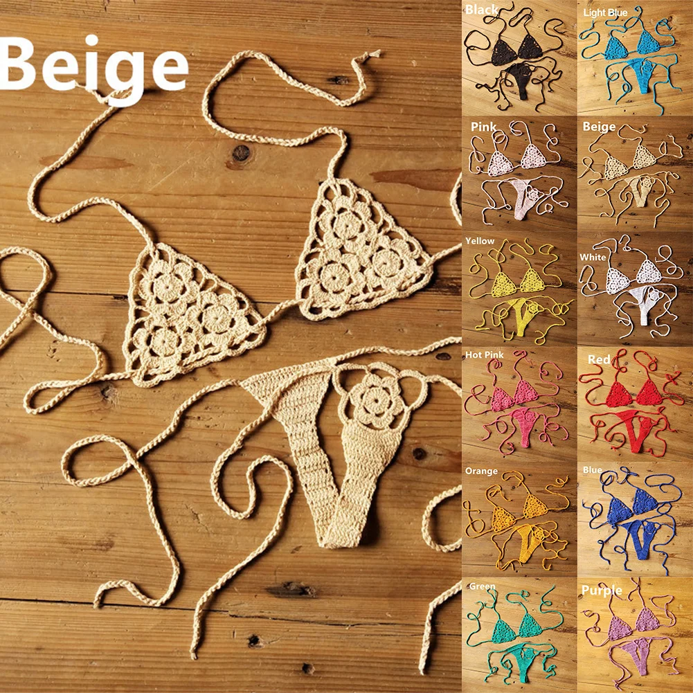 Women Sexy Handmade Bikini Lingerie Set Crochet Flower Solid Color Lace Thong G-String Sunbathing Woman Swimsuits Beach Swimwear - Image 6