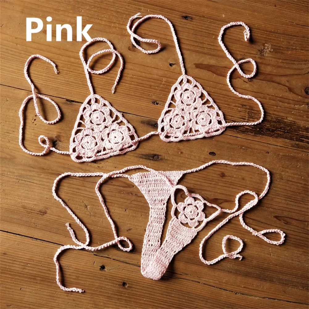 Women Sexy Handmade Bikini Lingerie Set Crochet Flower Solid Color Lace Thong G-String Sunbathing Woman Swimsuits Beach Swimwear - Image 3