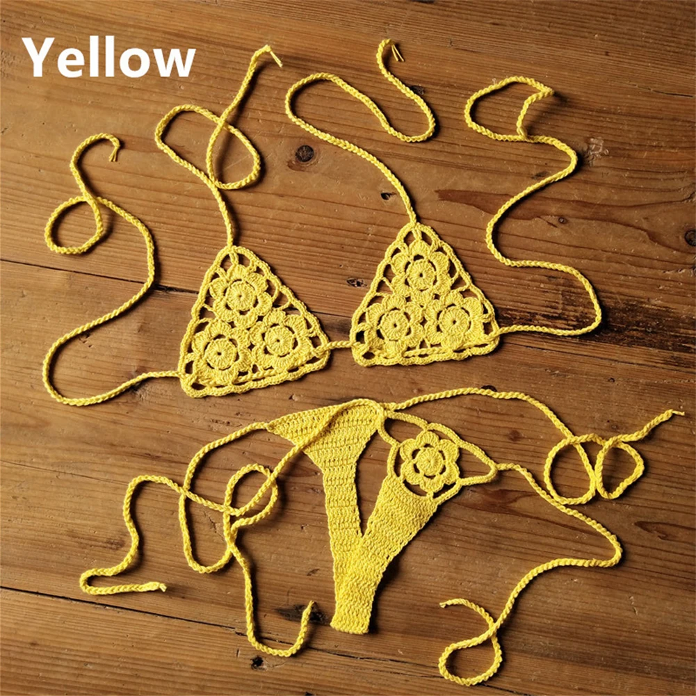 Women Sexy Handmade Bikini Lingerie Set Crochet Flower Solid Color Lace Thong G-String Sunbathing Woman Swimsuits Beach Swimwear - Image 4