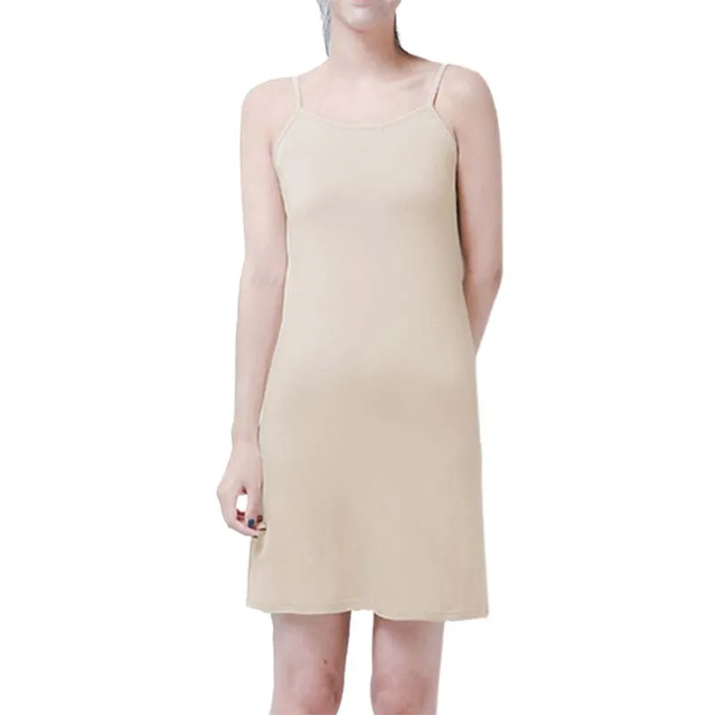 Women Solid Color Dress Camisole Spaghetti Strap Long Tank Top Slip Mini Dress - Image 2