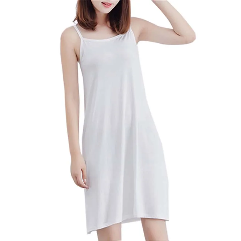 Women Solid Color Dress Camisole Spaghetti Strap Long Tank Top Slip Mini Dress - Image 3
