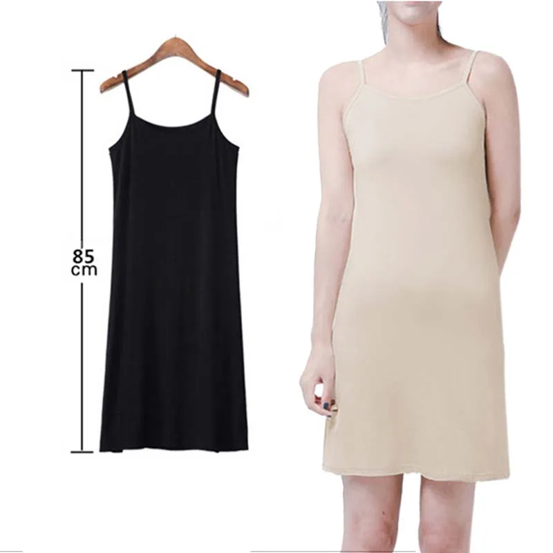 Women Solid Color Dress Camisole Spaghetti Strap Long Tank Top Slip Mini Dress - Image 6