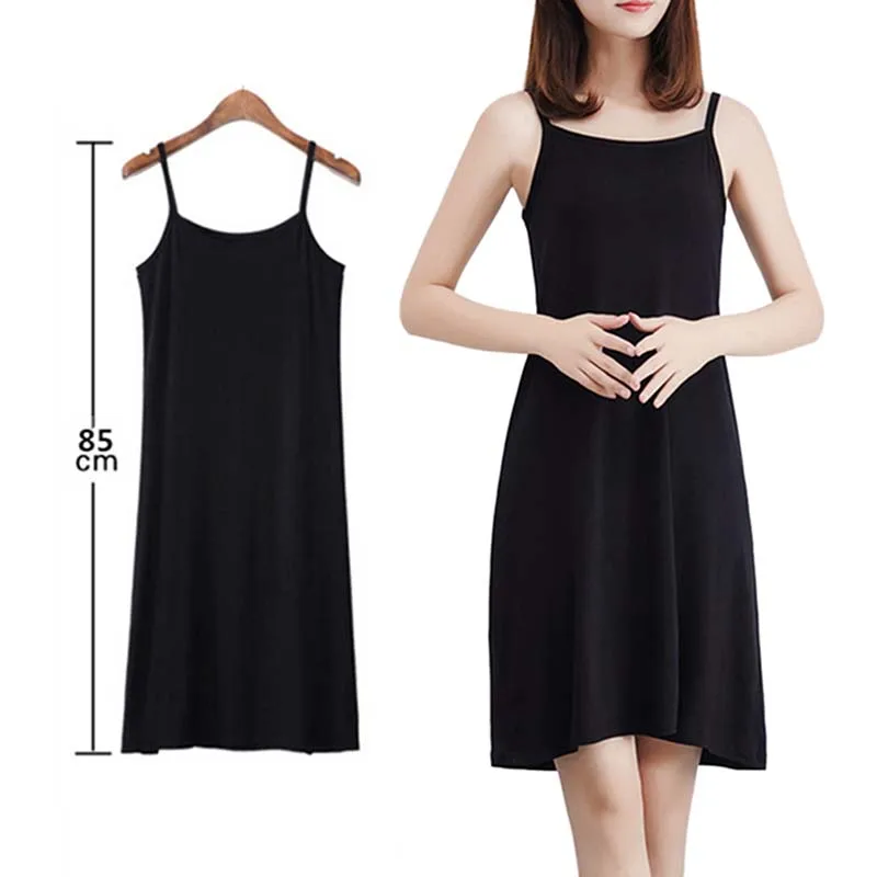 Women Solid Color Dress Camisole Spaghetti Strap Long Tank Top Slip Mini Dress - Image 4