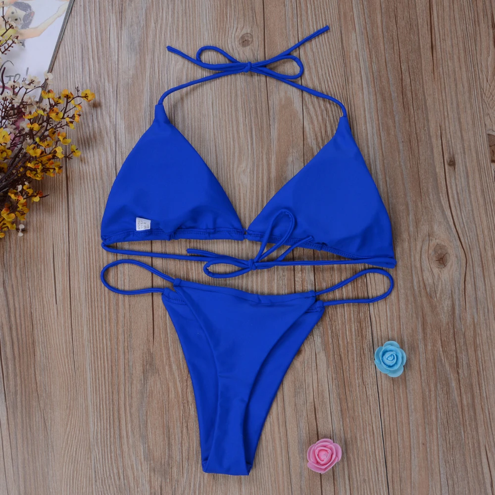 Women Tie Sexy Thong Bikini Set Side Swimsuit Bandage Style Brazilian Swimwear Split Strap Adjustable Solid Female Swimsuit Set - Image 2