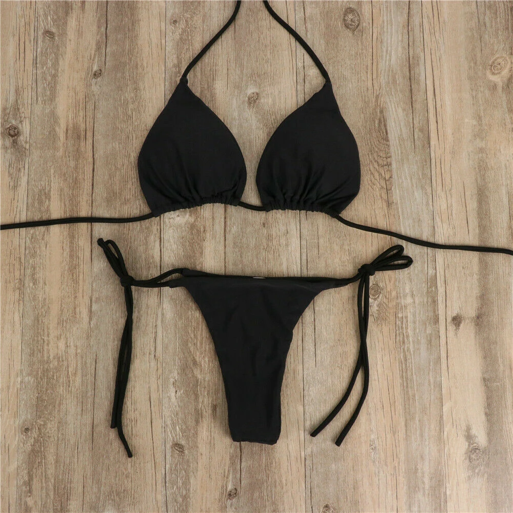 Women Tie Sexy Thong Bikini Set Side Swimsuit Bandage Style Brazilian Swimwear Split Strap Adjustable Solid Female Swimsuit Set - Image 3