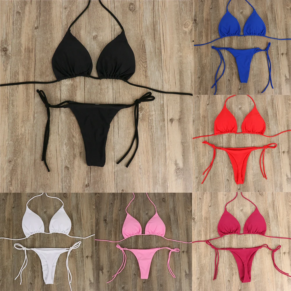 Women Tie Sexy Thong Bikini Set Side Swimsuit Bandage Style Brazilian Swimwear Split Strap Adjustable Solid Female Swimsuit Set - Image 6