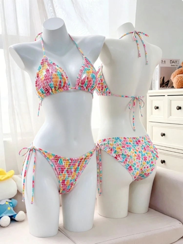Women Y2K Japanese Lolita Floral Ruffle Two Piece Bikini Slim Sexy Outfit Summer Beach Daily Swimwear Ladies Holiday Wear - Image 4