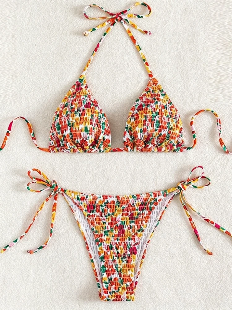 Women Y2K Japanese Lolita Floral Ruffle Two Piece Bikini Slim Sexy Outfit Summer Beach Daily Swimwear Ladies Holiday Wear