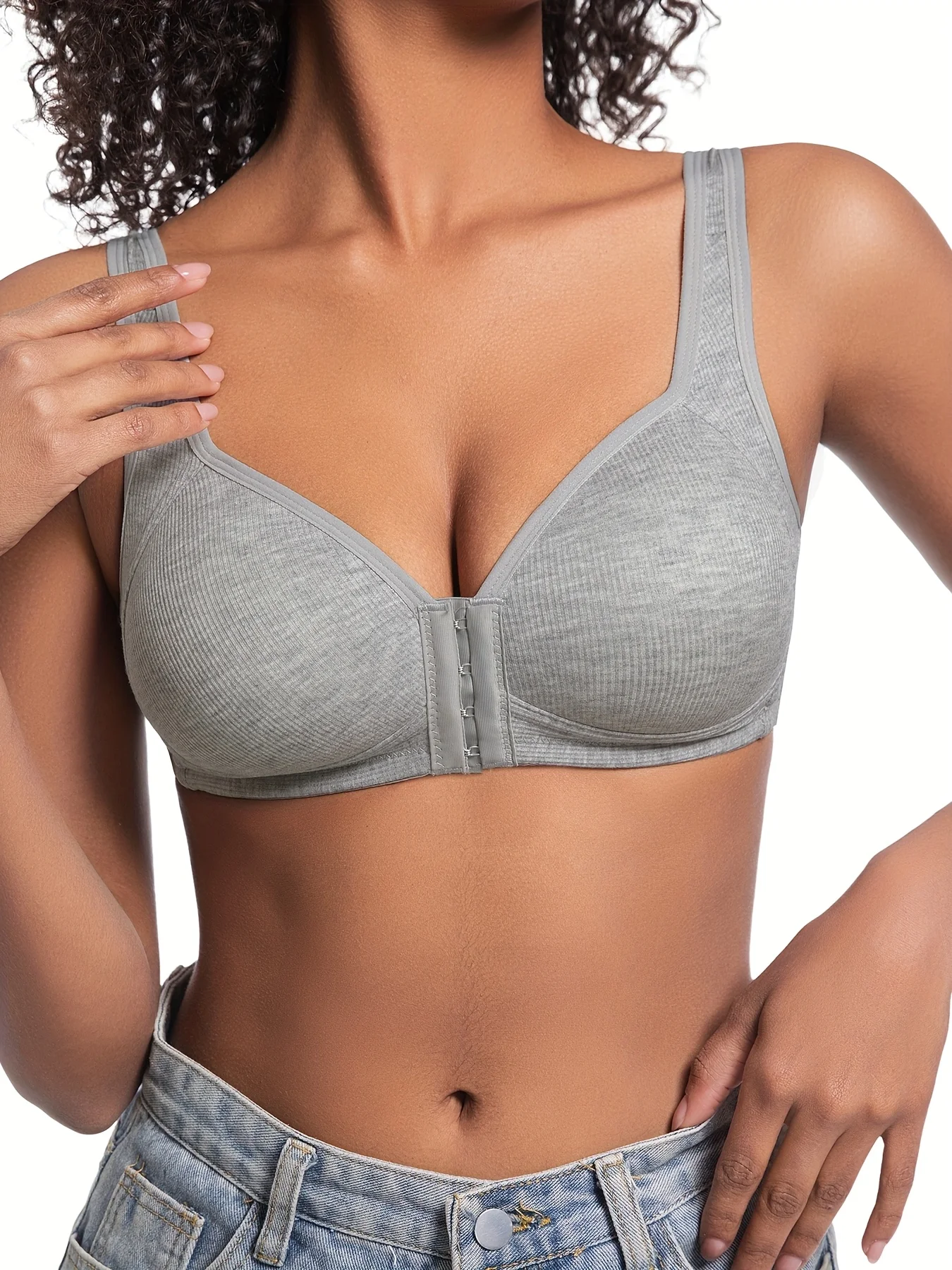 Women's Bra Wire-Free Front Closure Solid Color Full Coverage Fixed Cups More Considerate for Middle-Aged And Elderly Individual - Image 4