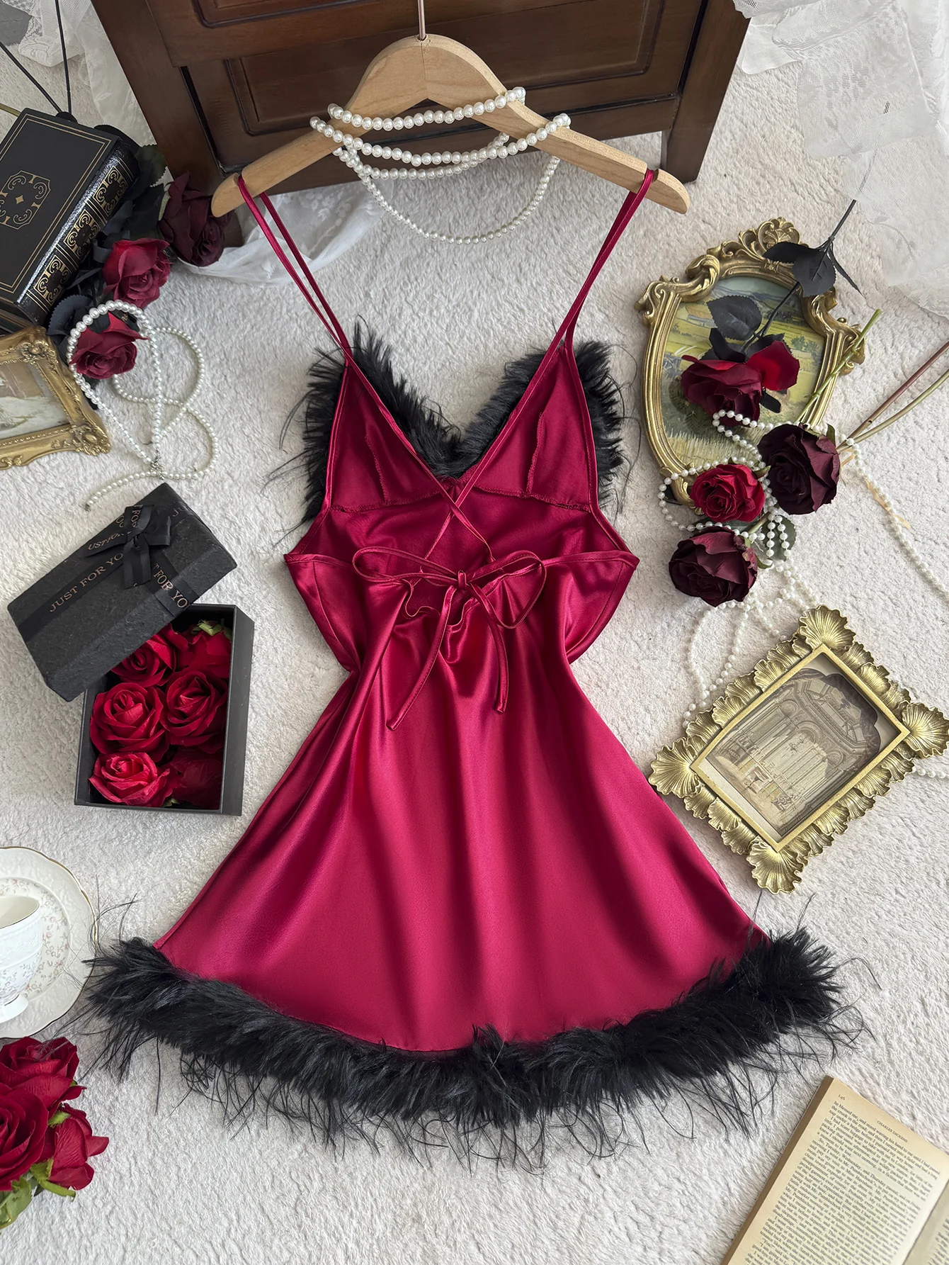 Women's Feather Trim Nightdress V Neck Sexy Solid Breathable Short Dress For Home or Party - Image 2