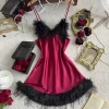 Women's Feather Trim Nightdress V Neck Sexy Solid Breathable Short Dress For Home or Party