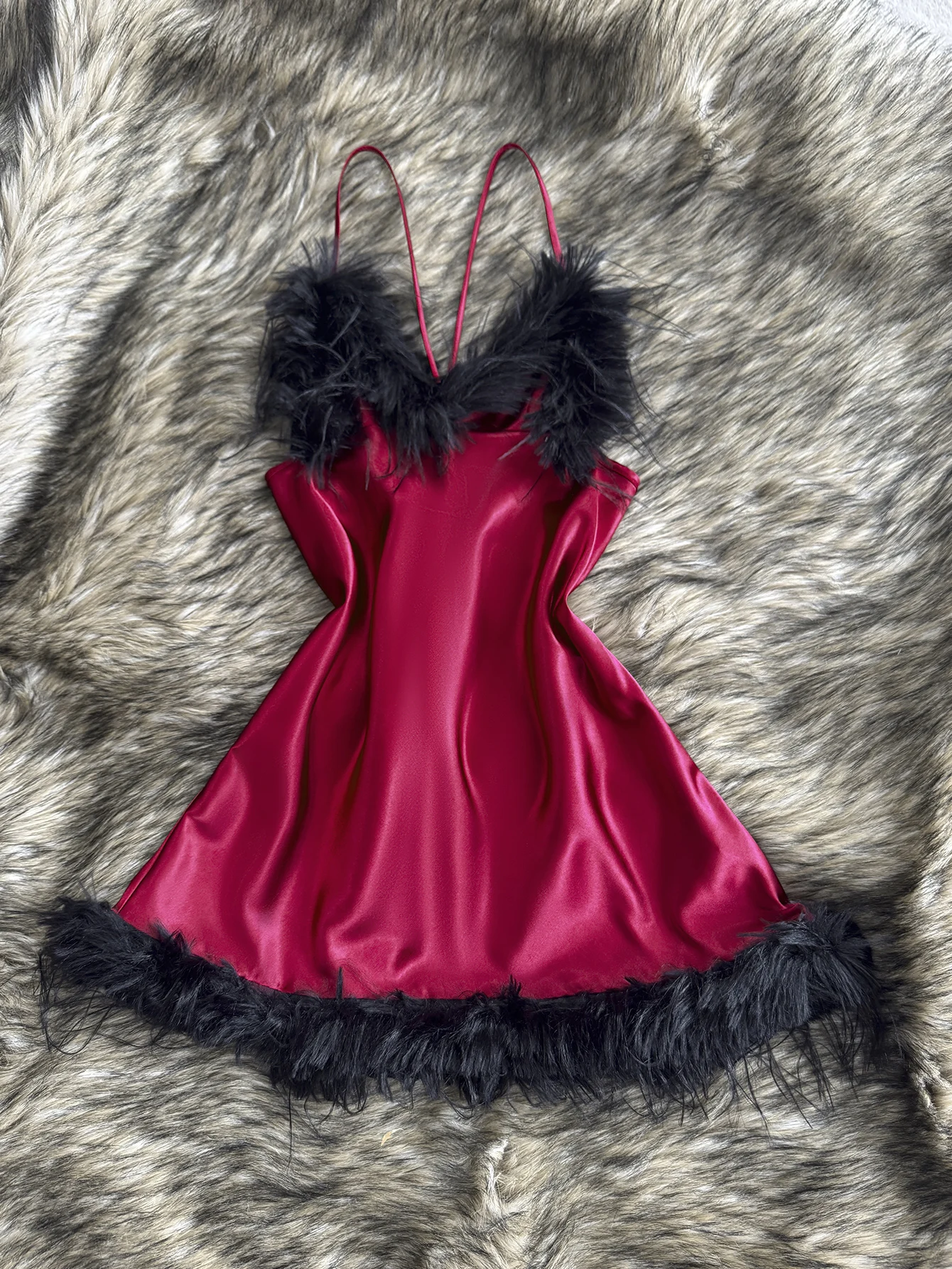 Women's Feather Trim Nightdress V Neck Sexy Solid Breathable Short Dress For Home or Party - Image 6