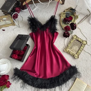 Women's Feather Trim Nightdress V Neck Sexy Solid Breathable Short Dress For Home or Party