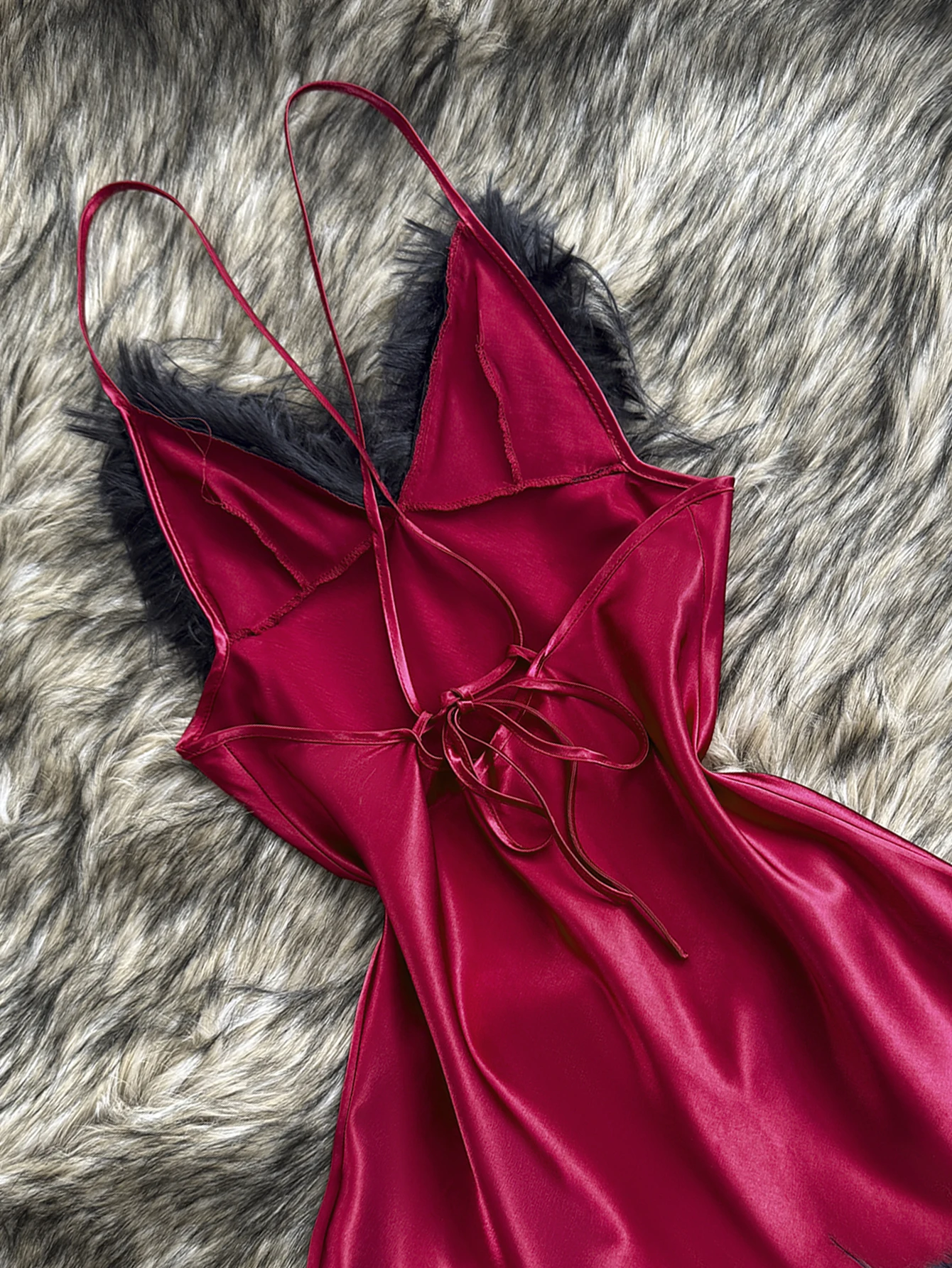Women's Feather Trim Nightdress V Neck Sexy Solid Breathable Short Dress For Home or Party - Image 5