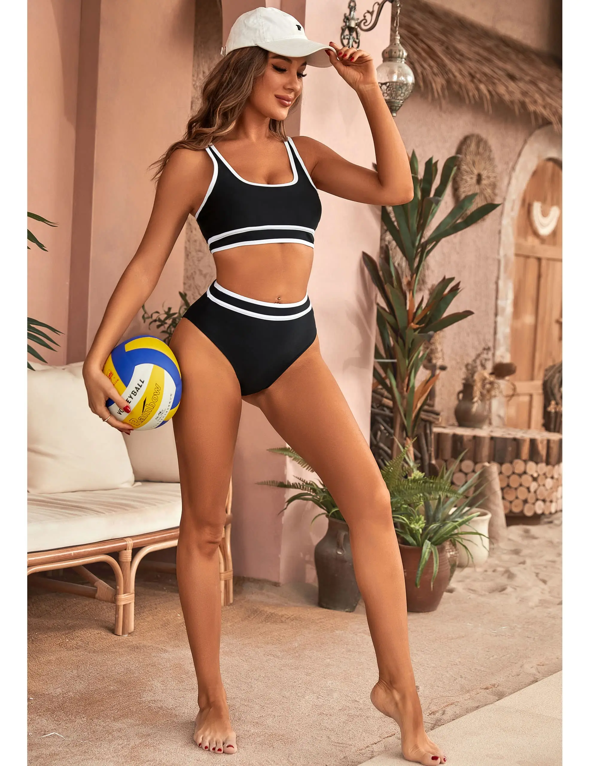Women's High Waisted Bikini Sets Sporty Two Piece Swimsuits Color Block Cheeky High Cut Bathing Suits - Image 4