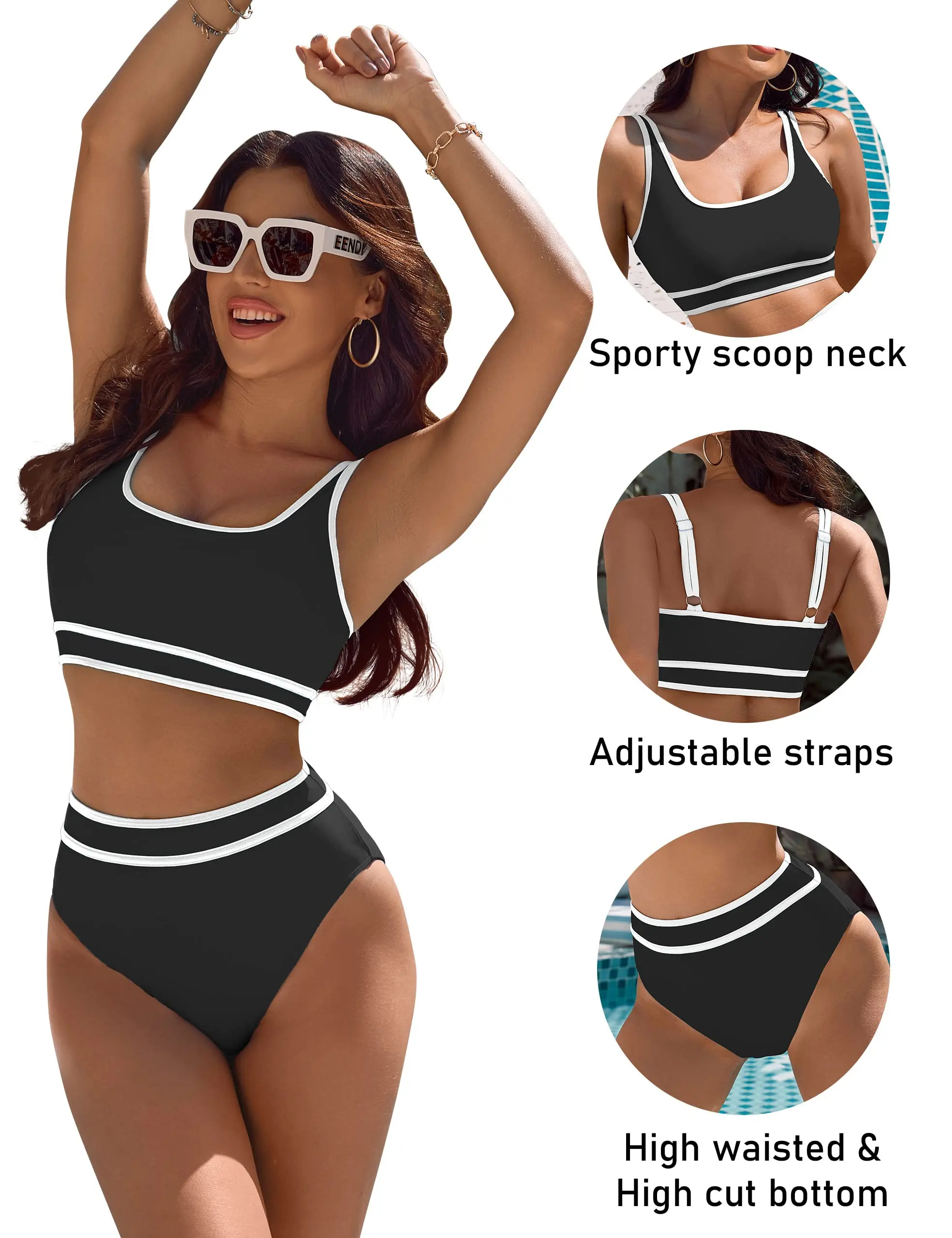 Women's High Waisted Bikini Sets Sporty Two Piece Swimsuits Color Block Cheeky High Cut Bathing Suits - Image 5