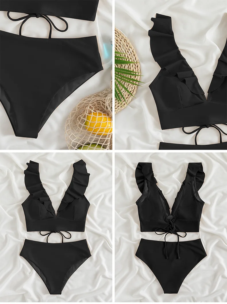 Women's High Waisted Bikini Sets V Neck Ruffle Two Piece Swimsuits Push Up Bathing Suits - Image 2