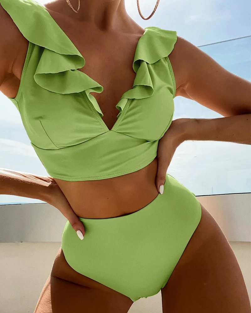 Women's High Waisted Bikini Sets V Neck Ruffle Two Piece Swimsuits Push Up Bathing Suits - Image 4