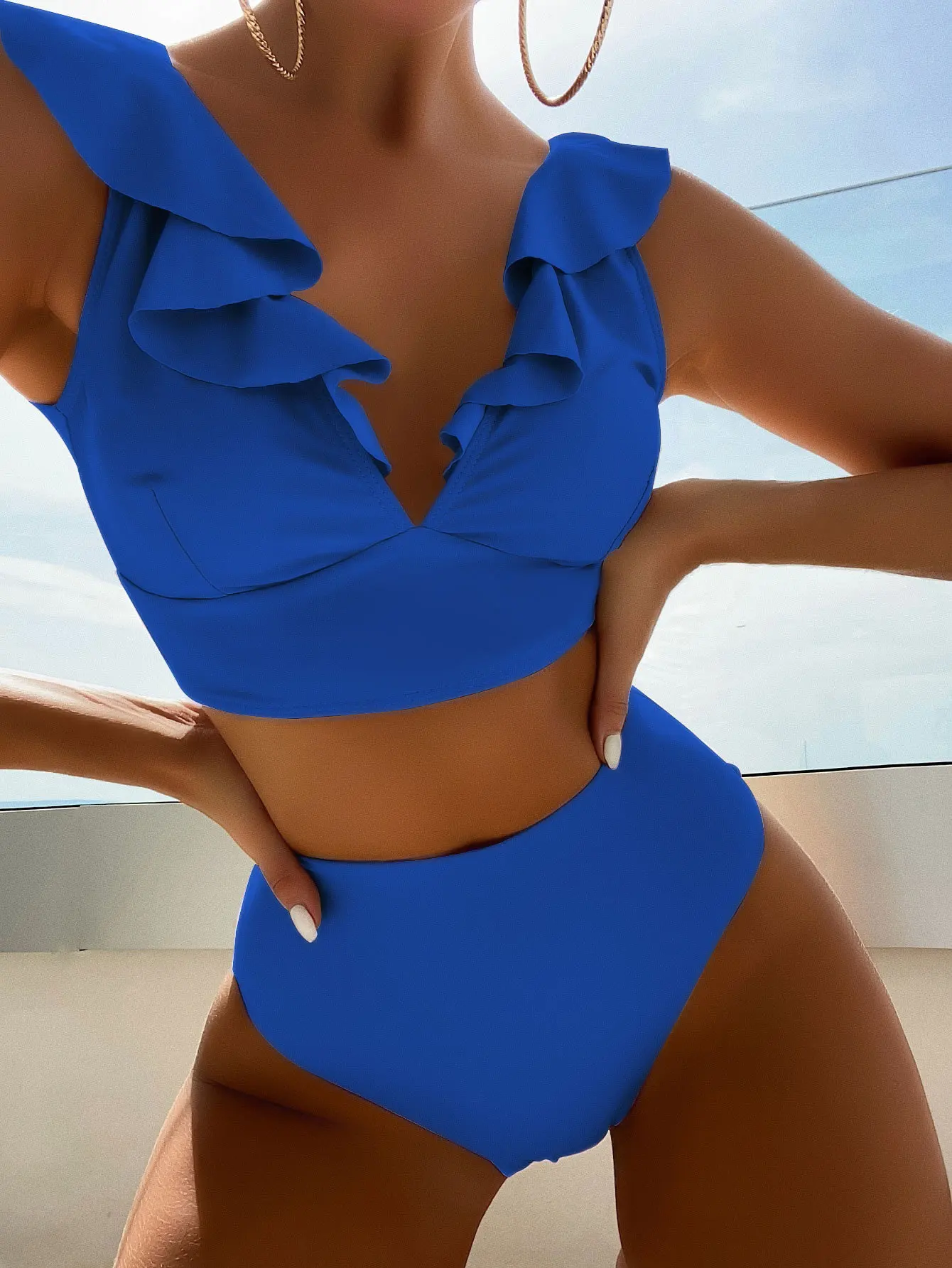 Women's High Waisted Bikini Sets V Neck Ruffle Two Piece Swimsuits Push Up Bathing Suits - Image 3
