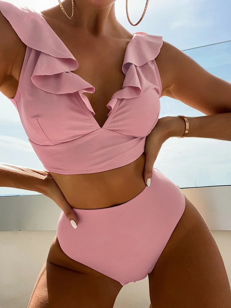 Women's High Waisted Bikini Sets V Neck Ruffle Two Piece Swimsuits Push Up Bathing Suits - Image 5
