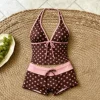Womens Holiday Seaside Swim Sets 2-Piece Halter V-Neck Tie Strap Tankini Bodycon Contrast Waistband Beach Swimming Clothes