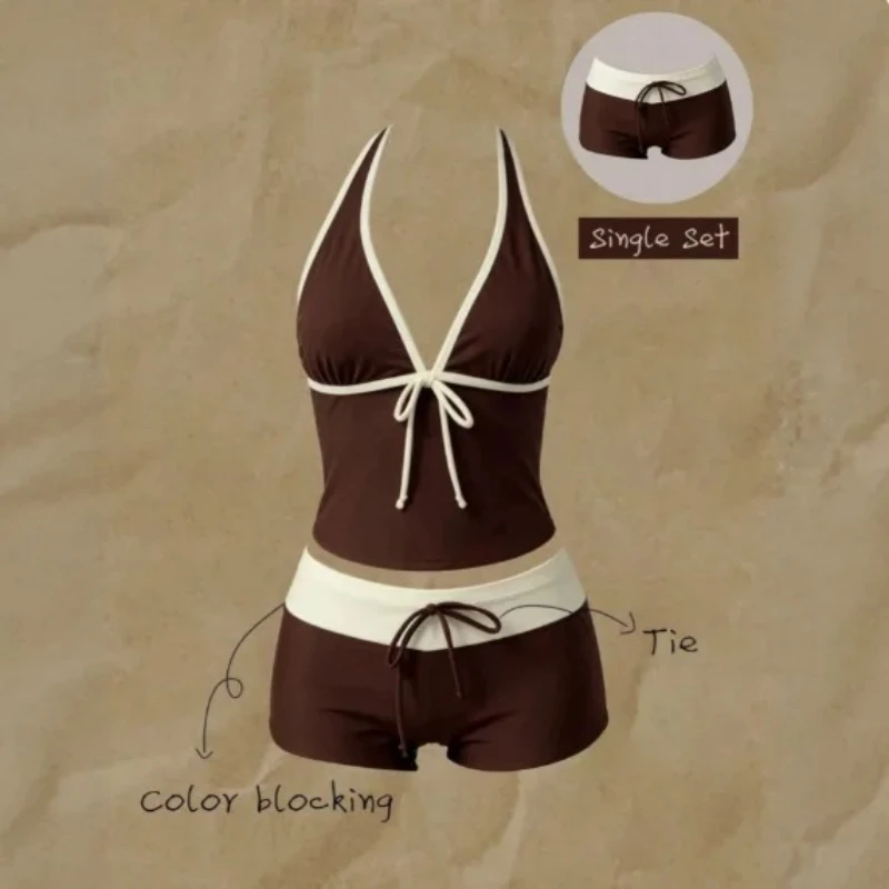 Womens Holiday Seaside Swim Sets 2-Piece Halter V-Neck Tie Strap Tankini Bodycon Contrast Waistband Beach Swimming Clothes - Image 6
