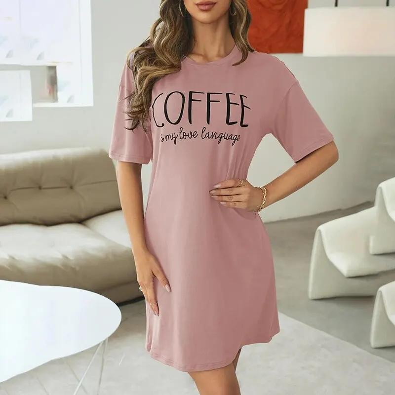 Women's Loose Fit Sleep Shirt with Coffee Letter Print - Casual & Comfy Short Sleeve Nightdress for Loungewear Pajamas