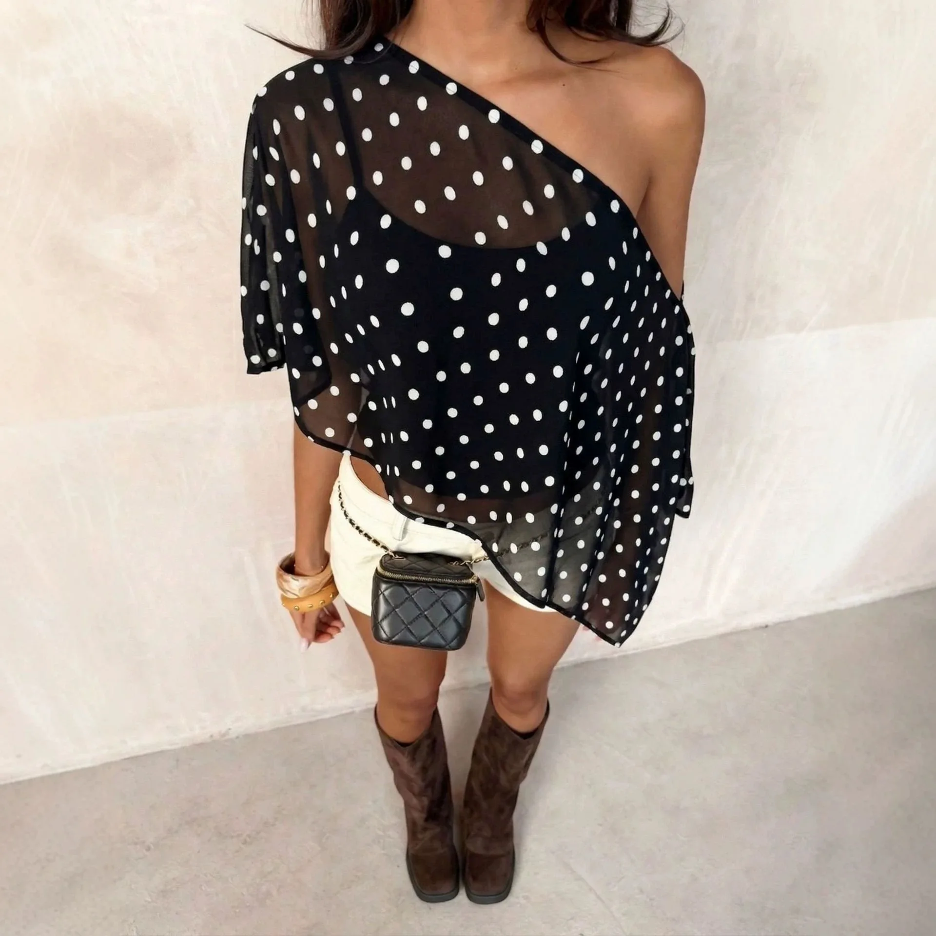 Women's Polka Dot Off Shoulder Batwing Short Sleeve Sheer Chiffon Irregular Hem Crop Blouse Versatile Club Casual Fashion Shirt - Image 2