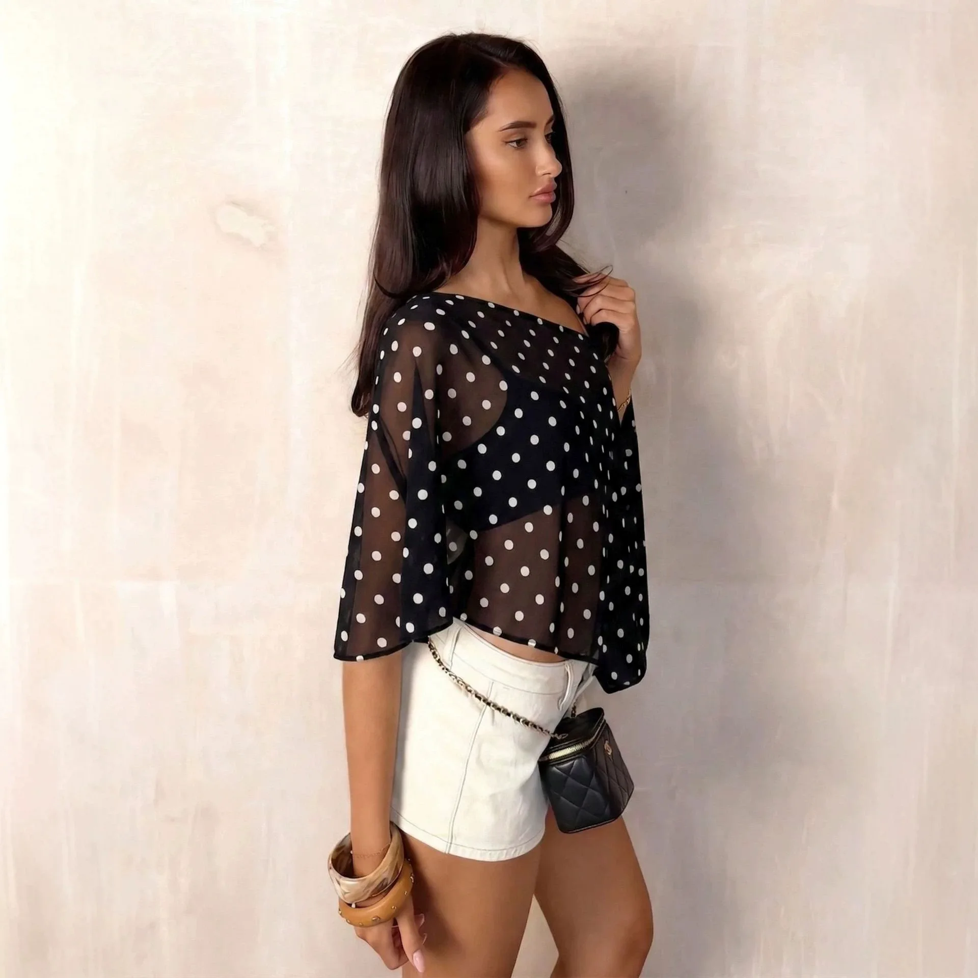 Women's Polka Dot Off Shoulder Batwing Short Sleeve Sheer Chiffon Irregular Hem Crop Blouse Versatile Club Casual Fashion Shirt - Image 3