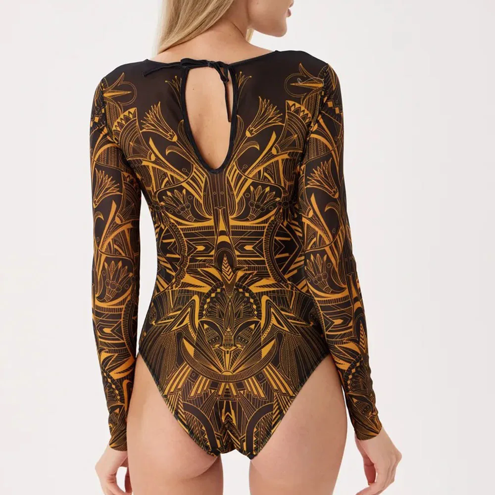 Women's Retro Print Scoop Neck Padded Long Sleeve One Piece Swimsuits High Cut Bathing Suits Swimwear Bodysuit - Image 2