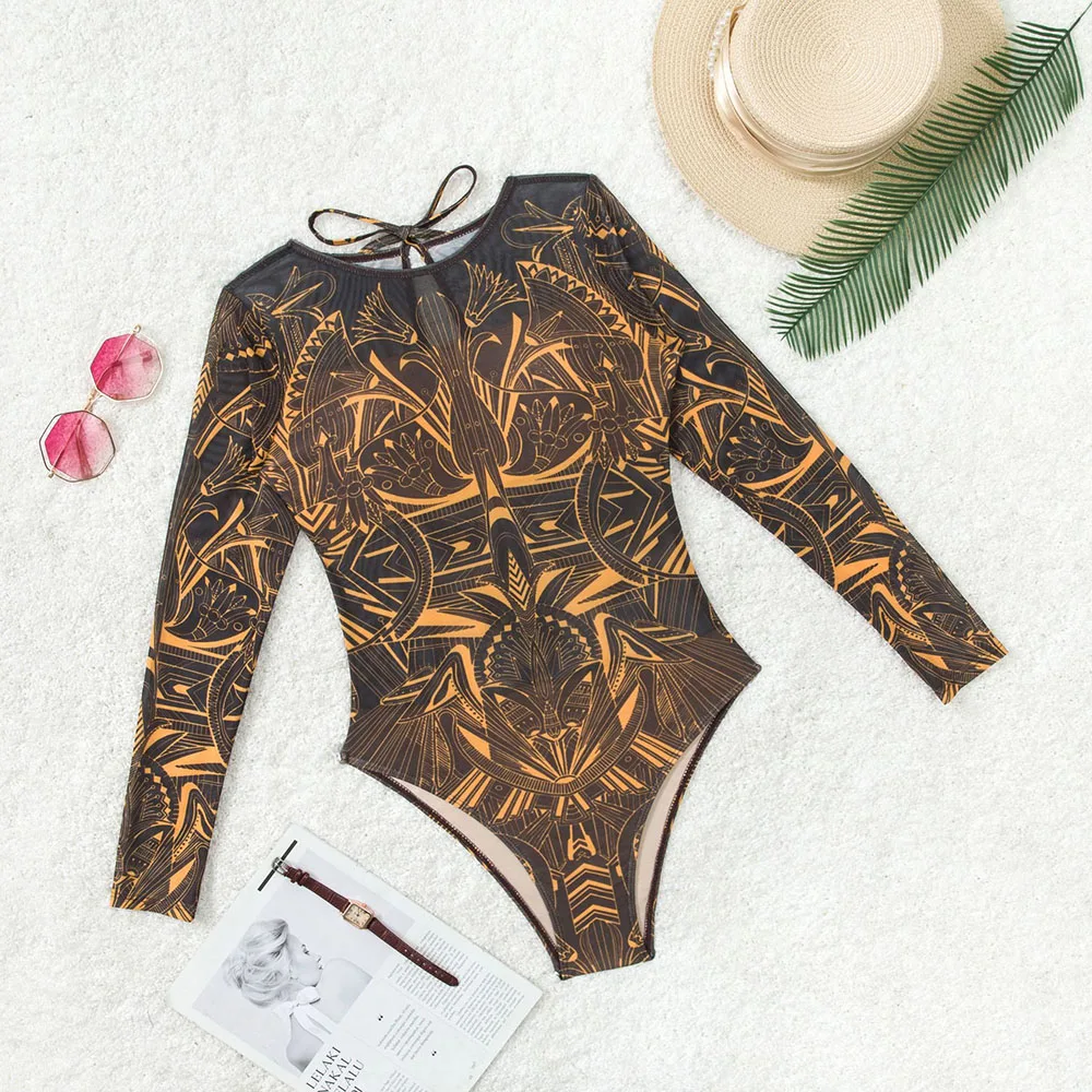 Women's Retro Print Scoop Neck Padded Long Sleeve One Piece Swimsuits High Cut Bathing Suits Swimwear Bodysuit - Image 4
