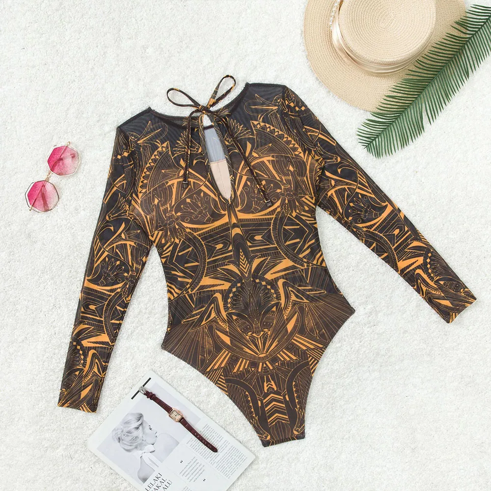 Women's Retro Print Scoop Neck Padded Long Sleeve One Piece Swimsuits High Cut Bathing Suits Swimwear Bodysuit - Image 3
