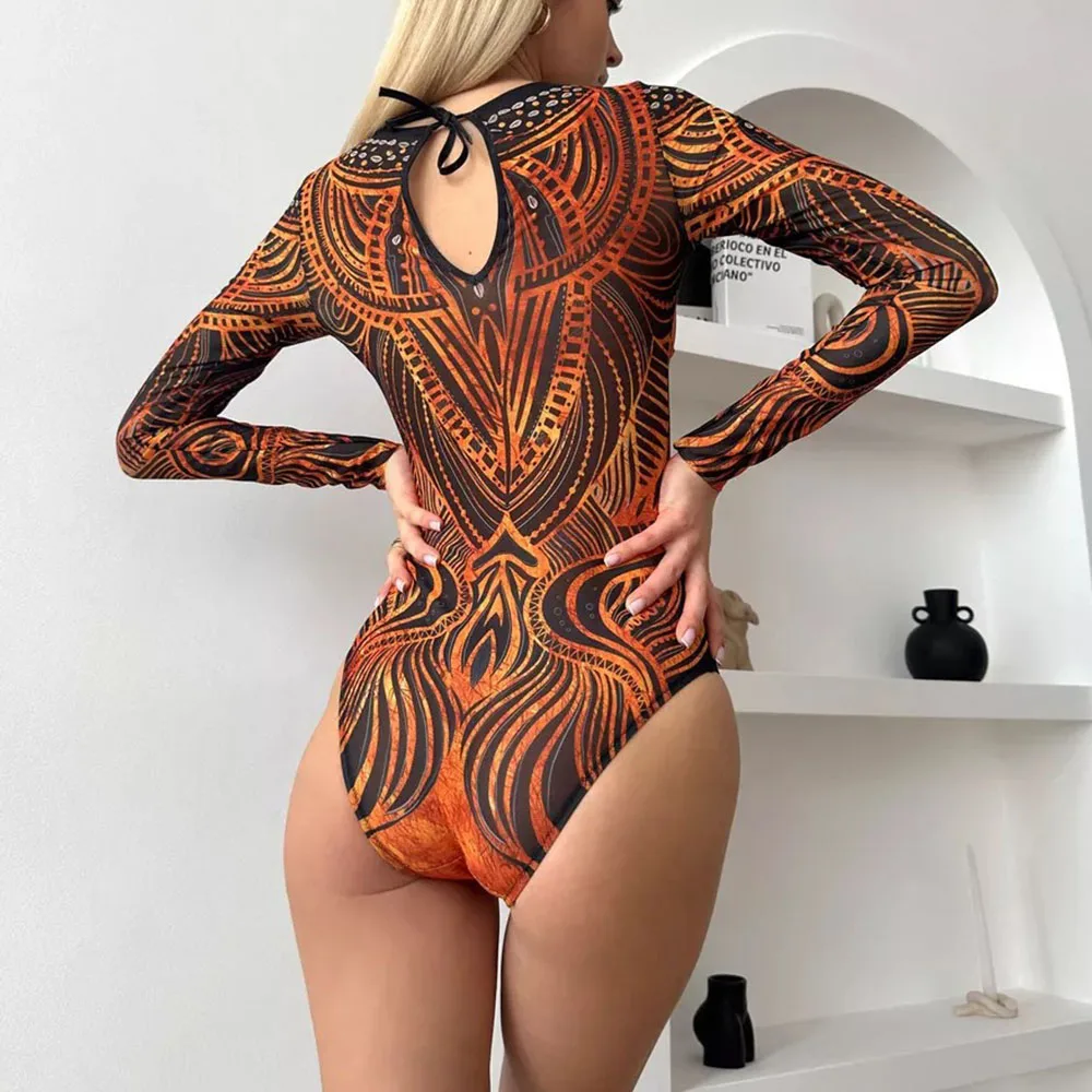 Women's Retro Print Scoop Neck Padded Long Sleeve One Piece Swimsuits High Cut Bathing Suits Swimwear Bodysuit - Image 6