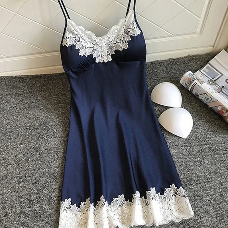 Women's Sexy Pajamas Halter Nightgown Thin Section with Bra Pads Lace Edge Summer Silk Loungewear Ice Silk Furniture Nightgowns - Image 2