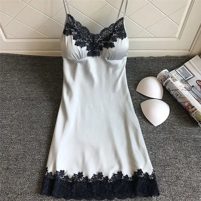 Women's Sexy Pajamas Halter Nightgown Thin Section with Bra Pads Lace Edge Summer Silk Loungewear Ice Silk Furniture Nightgowns - Image 4