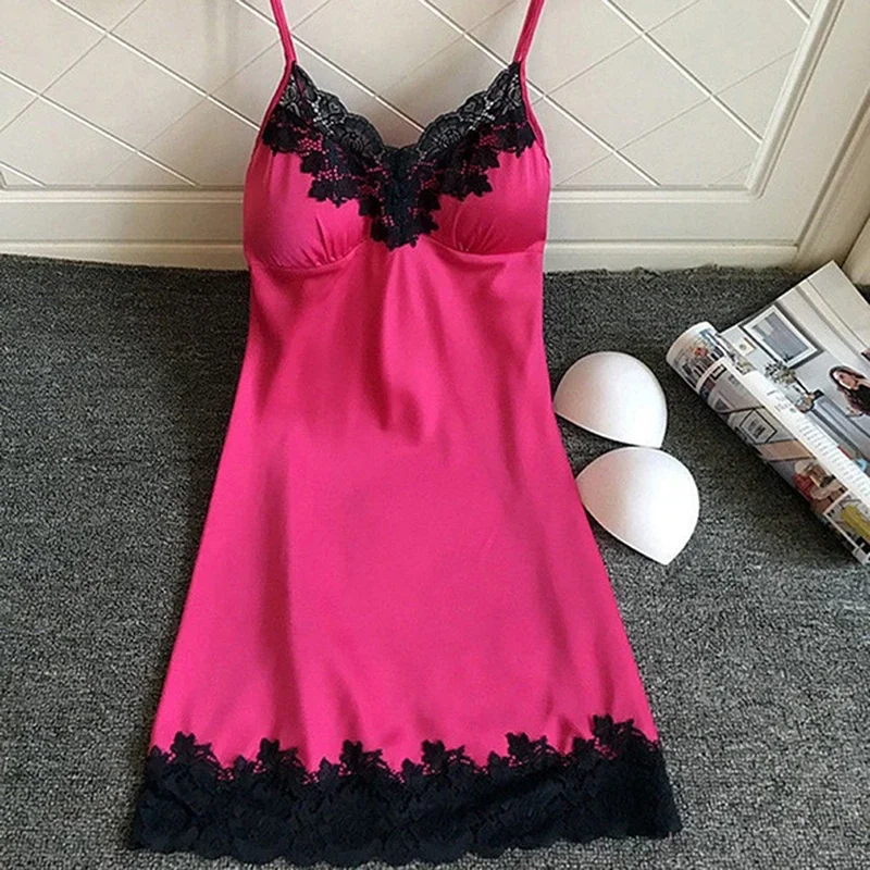 Women's Sexy Pajamas Halter Nightgown Thin Section with Bra Pads Lace Edge Summer Silk Loungewear Ice Silk Furniture Nightgowns - Image 3
