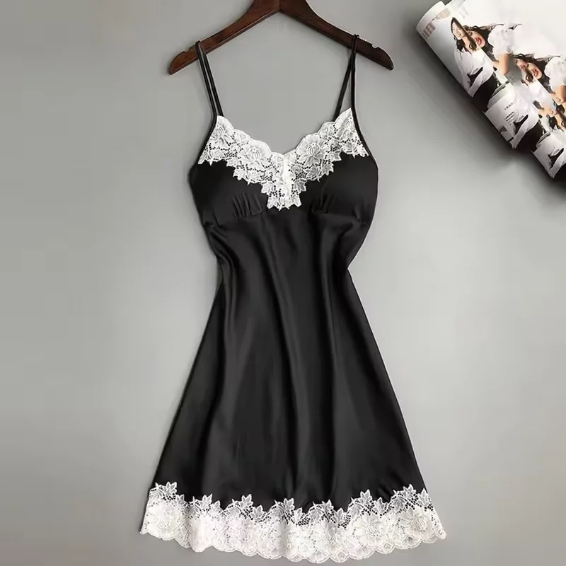 Women's Sexy Pajamas Halter Nightgown Thin Section with Bra Pads Lace Edge Summer Silk Loungewear Ice Silk Furniture Nightgowns - Image 5
