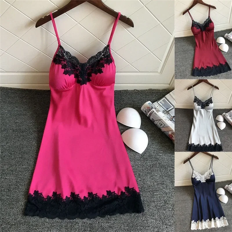 Women's Sexy Pajamas Halter Nightgown Thin Section with Bra Pads Lace Edge Summer Silk Loungewear Ice Silk Furniture Nightgowns