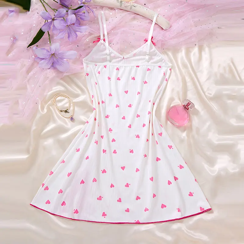 Women's Sleepwear Underwear Rose Lace Bow & Heart Print Sleep Dress Sexy Pijamas Set V Neck Pajamas Mini Nightgowns Hot Dress - Image 2