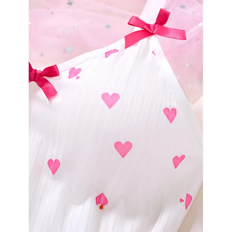 Women's Sleepwear Underwear Rose Lace Bow & Heart Print Sleep Dress Sexy Pijamas Set V Neck Pajamas Mini Nightgowns Hot Dress - Image 3
